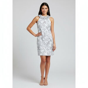 London TIMES halter party shift dress shimmer white gray Sz 8 wedding guest